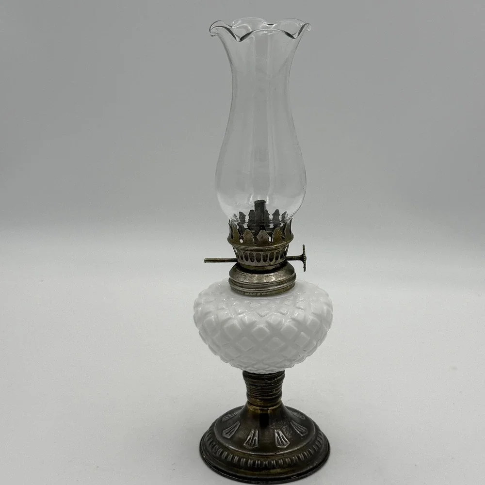 Vintage Miniature Milk Glass Oil Lamp White Hobnail Diamond Pattern Brass Base